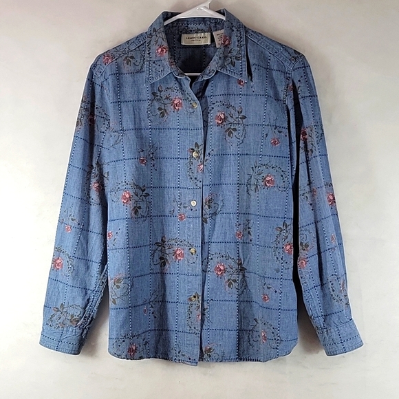 LEMON * GRASS Long Sleeve Button Down Floral Denim Shirt Size PL - Picture 1 of 7